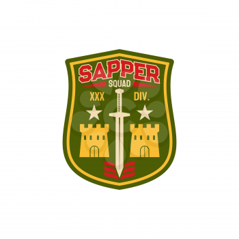 Sapper patch on uniform, combatant soldier military engineering troops squadron isolated emblem with sword and buildings. Vector military division breaching fortifications and towers demolitions
