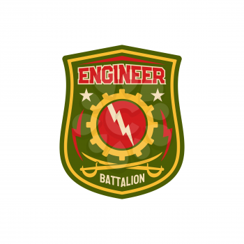 Engineering squadron repair battalion chevron with gear mechanisms and thunders, crossed swords isolated patch on military uniform. Vector special elite forces engineer troops division squad