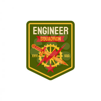 Repair battalion engineering squadron isolated patch on military uniform. Vector engineers division troops squad, special forces elite chevron with rotating cogwheel, crossed sword and thunder sign