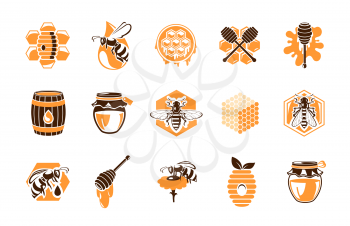 Beekeeping apiary icons, vector emblems with honey products and bees. Beehive honeycomb, wooden barrel and honey dipper with splash drops. Apiculture production and beekeeper tools isolated labels set