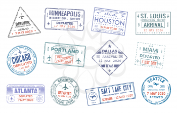 Passport travel vector stamps with USA city names Denver, Minneapolis, Houston, St. Louise and Chicago, Portland or Dallas, Miami or Atlanta and Washington country migration arrival entry isolated set