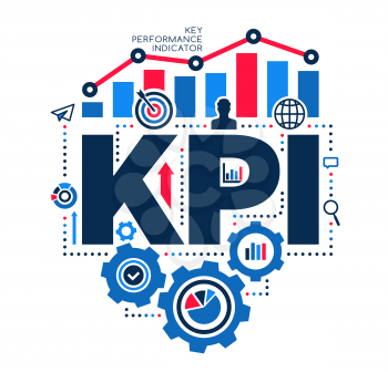 Management and business KPI idea. Key Performance Indicators vector layout with gears and business symbols diagram, target with arrow, magnifier, human profile and paper plane with tick and pie chart