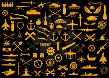Army kind of troops heraldry, badges or patches. Vector bandolier, sword, tank and cannon with torpedo and arrows. Sniper rifle, sabers, grenade and bomb. Airplanes, submarines and military ships set