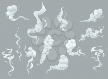 Cartoon smoke and fog clouds, white vector aroma or toxic steaming vapour, dust steam. Design elements, flow mist or smoky chemical steam isolated on grey background. Comic boom steaming effect set