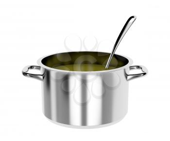 Pot with soup and ladle, isolated on white background