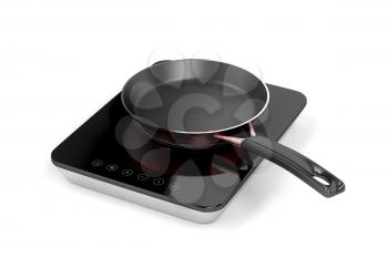 Portable induction cooktop and frying pan on white background