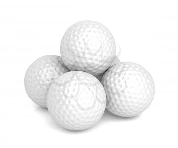 Group of five golf balls on white background