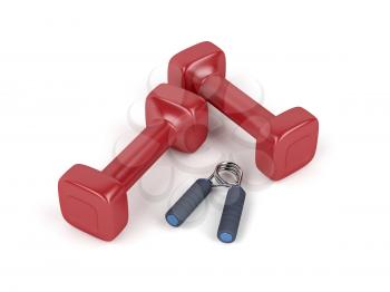 Pair of dumbbells and hand gripper on white background