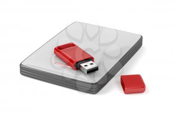 Usb stick and external hard drive on white background 