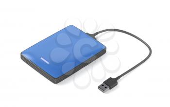 Blue portable hard drive on white background 