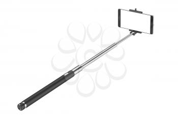 Smart phone with blank display, mounted in selfie stick monopod 