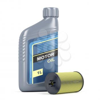 Bottle of motor oil and oil filter cartridge