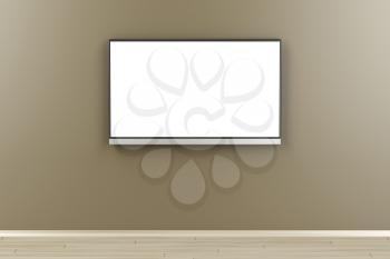 Large flat screen tv with blank screen on brown wall, front view