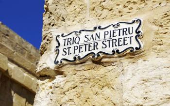 St. Peter Street sign on wall in Mdina, Malta