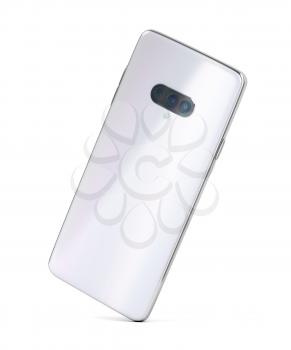 Modern smartphone with shiny white back panel and triple camera