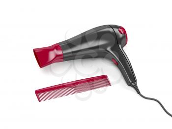 Hair dryer and comb on white background