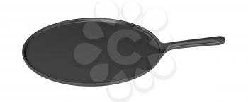 Side view of cast iron pancake pan, isolated on white background