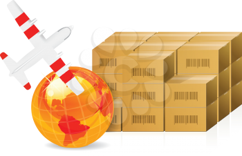 Royalty Free Clipart Image of a Cardboard Boxes, an Airplane and Globe