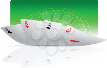 Royalty Free Clipart Image of Four Aces and a Roulette Wheel