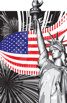 Royalty Free Clipart Image of the Statue of Liberty Against the American Flag