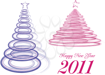 Royalty Free Clipart Image of Christmas Trees on a 2011 Happy New Year Greeting