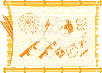 Royalty Free Clipart Image of a Childish Drawing of Weapons