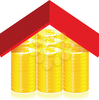 Royalty Free Clipart Image of Coins in the Shape of a House With a Roof