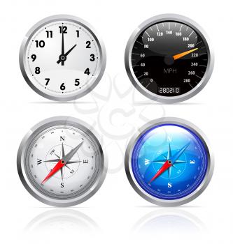 Royalty Free Clipart Image of a Clock, a Gauge and Compasses