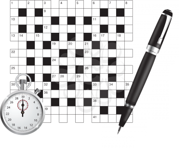 Royalty Free Clipart Image of a Crossword Puzzle With a Stopwatch and Pen