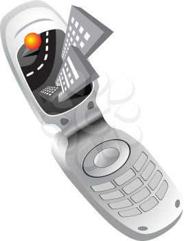 Royalty Free Clipart Image of a Mobile Phone With a Road and Buildings