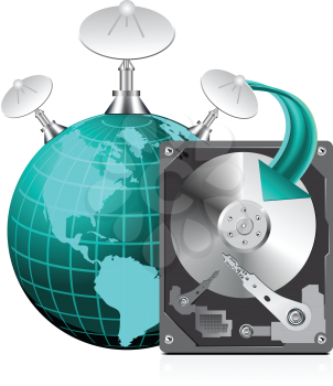 Royalty Free Clipart Image of a Hard Drive, Globe and Satellites