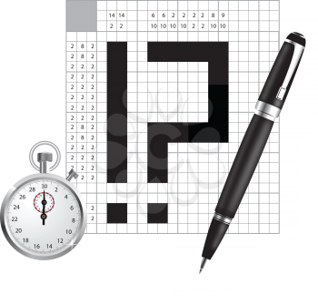Royalty Free Clipart Image of a Crossword With a Pen and Stopwatch