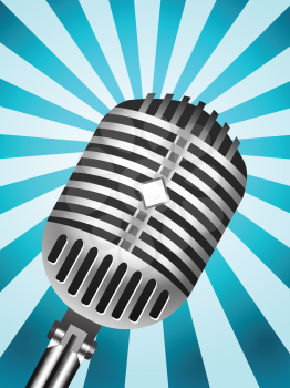 Royalty Free Clipart Image of a Microphone on a Striped Background
