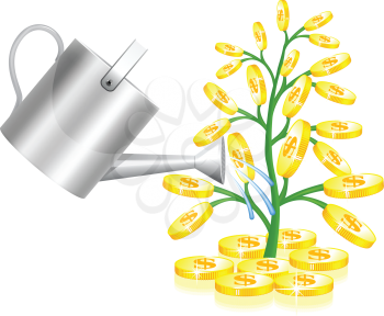 Royalty Free Clipart Image of a Watering Can and a Money Tree