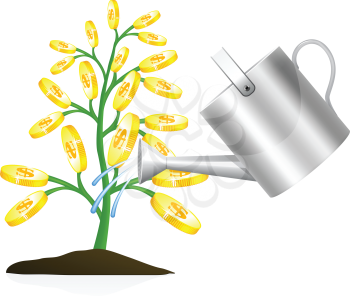Royalty Free Clipart Image of a Money Tree and Watering Can