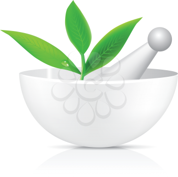 Royalty Free Clipart Image of a Mortar and Pestle With Herbs