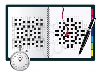 Royalty Free Clipart Image of a Crossword Puzzle Book With a Stopwatch and Pen
