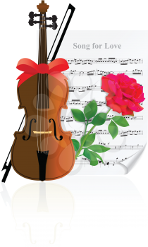 Royalty Free Clipart Image of a Violin With a Rose and Song for Love Sheet Music