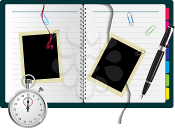Royalty Free Clipart Image of a Book With Pictures, a Pen and a Stopwatch