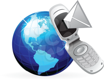 Royalty Free Clipart Image of the World With a Cellphone and an Envelope