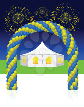 Royalty Free Clipart Image of a Tent and Fireworks Under a Balloon Arch