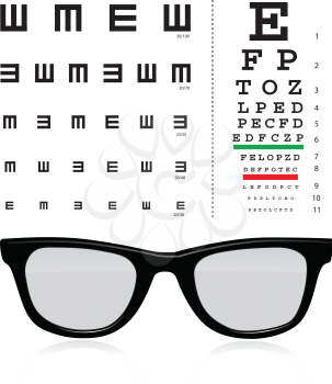 Royalty Free Clipart Image of a Snellen Eye Test With Glasses