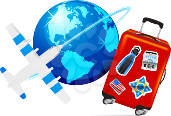 Royalty Free Clipart Image of a Globe, Airplane and Suitcase