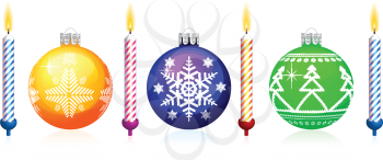 Royalty Free Clipart Image of Three Ornaments and Candles