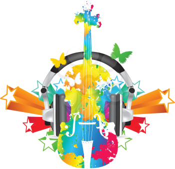 Royalty Free Clipart Image of a Violin With Stars and Butterflies