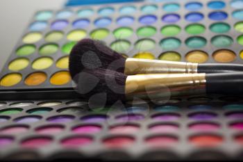 multicolored eye shadows with two cosmetics brush