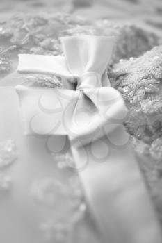 A close up of a bridesmaid dress with a large silk bow