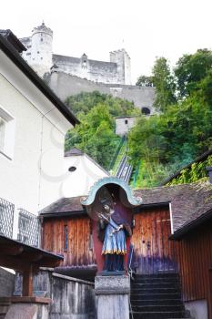 The Festungsbahn is the funicular railway providing public access to the Hohensalzburg Castle at Salzburg, Austria