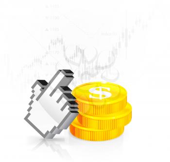 A cursor with the coins on the background of exchange trading. The concept of buying selling links for SEO