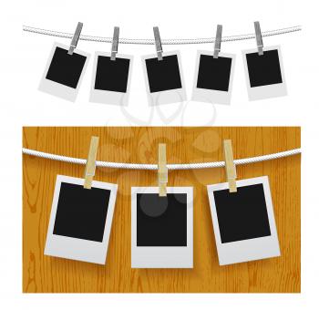 Photo frames with pins on rope over old aged wood background. Vector illustration